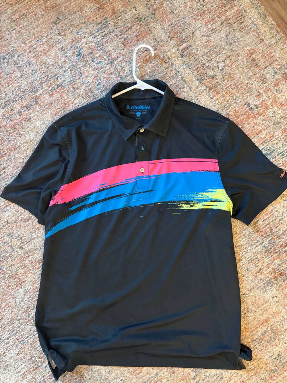 chubbies Black Polo with Blue, Pink & Yellow Brush Stripes